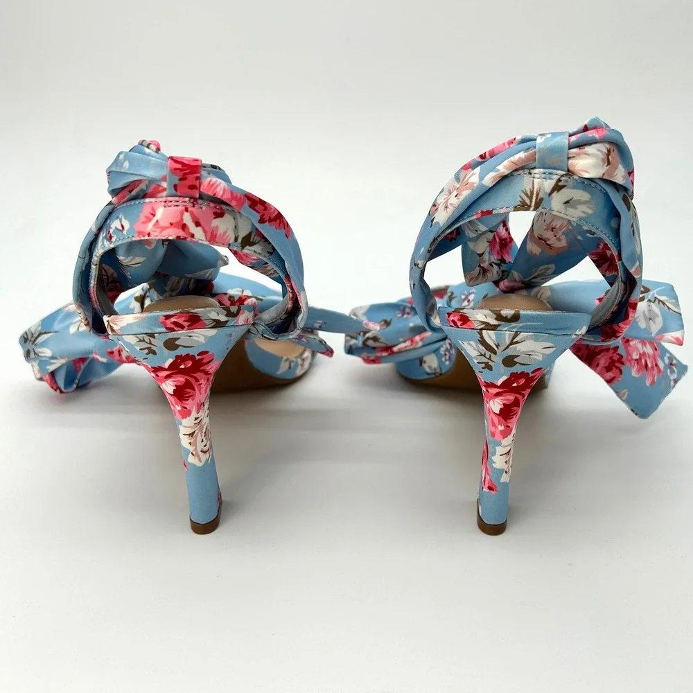 Womens Ankle Wrap Sandals Kelly & Katie Nylani Size 9.5‎ Blue Satin Floral Print